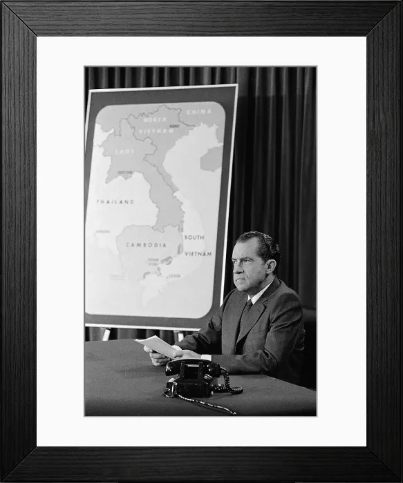 Framed Print : President Nixon Seated by Map of Cambodia Framed Print : President Nixon Seated by Map of Cambodia