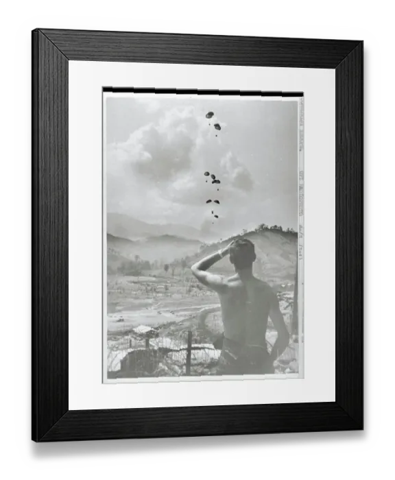 Framed Print : Soldier Watching Supplies Parachuting to Ground Framed Print : Soldier Watching Supplies Parachuting to Ground