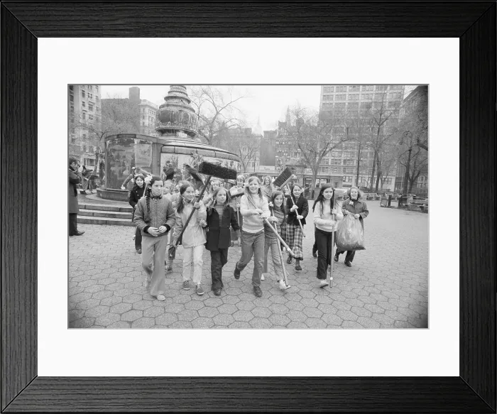 Framed Print : Girls Walking with Brooms Framed Print : Girls Walking with Brooms
