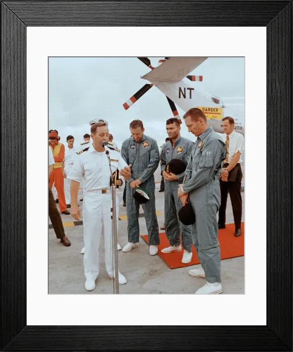 Framed Print : Astronauts and Navy Officer Giving Thanks on Ship Framed Print : Astronauts and Navy Officer Giving Thanks on Ship