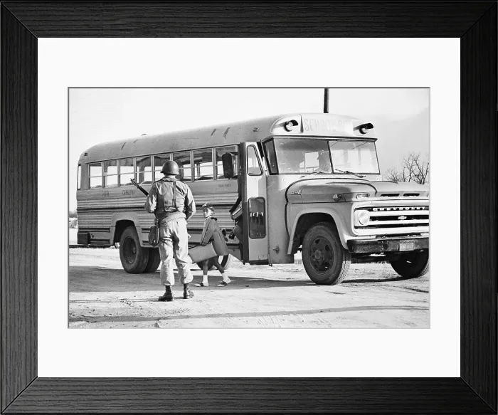 Framed Print : National Guardsman Meeting School Bus Framed Print : National Guardsman Meeting School Bus