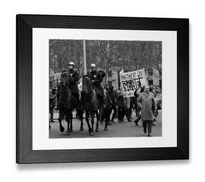 Framed Print : Black Panther Marchers and Mounted Police Framed Print : Black Panther Marchers and Mounted Police