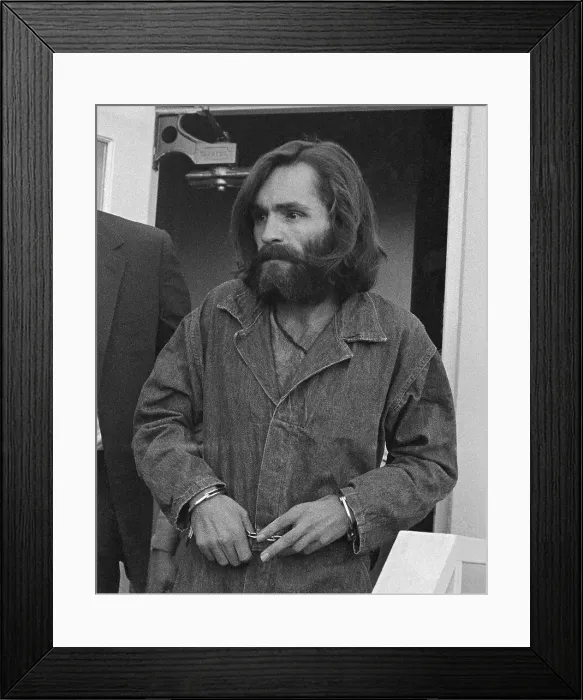 Framed Print : Charles Manson Arriving at Court in Handcuffs in Independence, CA Framed Print : Charles Manson Arriving at Court in Handcuffs in Independence, CA