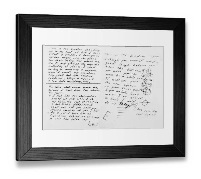 Framed Print : Handwritten Note from Zodiac Killer Framed Print : Handwritten Note from Zodiac Killer