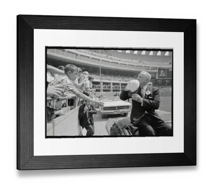Framed Print : Casey Stengel Greeting Fans While Riding on Convertible Framed Print : Casey Stengel Greeting Fans While Riding on Convertible