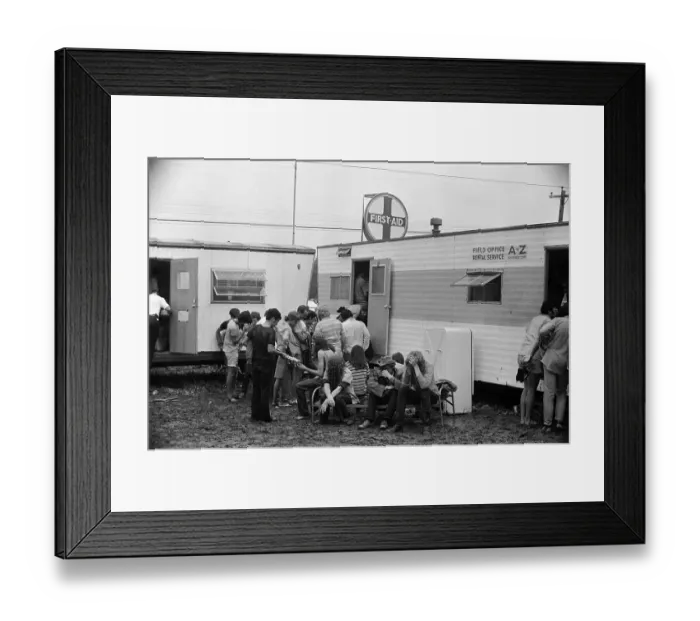 Framed Print : Fans Outside First Aid Station at Woodstock Festival Framed Print : Fans Outside First Aid Station at Woodstock Festival