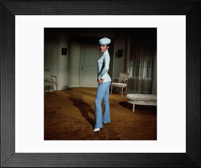 Framed Print : Sharon Tate Posing in a Blue Suit Framed Print : Sharon Tate Posing in a Blue Suit