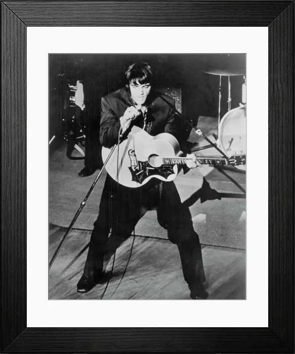 Framed Print : Elvis Presley Singing with Guitar and Tilted Microphone Stand Framed Print : Elvis Presley Singing with Guitar and Tilted Microphone Stand