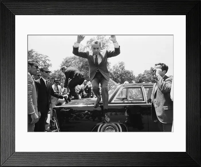 Framed Print : Pres. Nixon Jumps From Trunk Of Limo Framed Print : Pres. Nixon Jumps From Trunk Of Limo