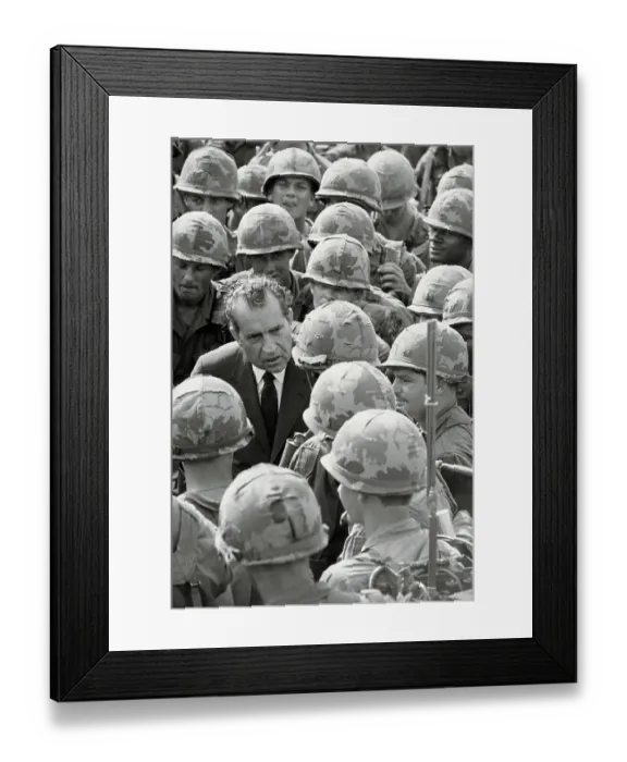 Framed Print : President Nixon with Helmeted Soldiers Framed Print : President Nixon with Helmeted Soldiers
