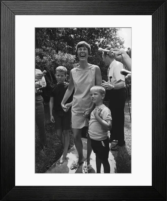 Framed Print : Janet Armstrong Talks to Newsmen with Kids Framed Print : Janet Armstrong Talks to Newsmen with Kids
