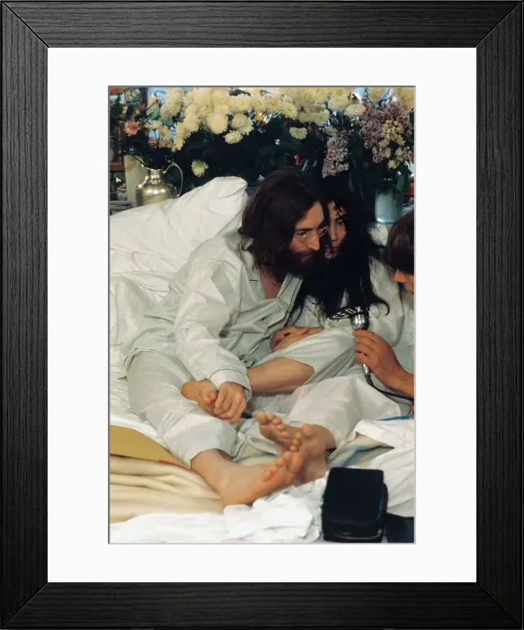 Framed Print : John Lennon and Yoko Ono in Bed Speaking into Microphone Framed Print : John Lennon and Yoko Ono in Bed Speaking into Microphone