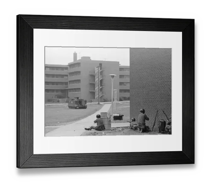 Framed Print : University Guardsman Firing at Sniper in School Framed Print : University Guardsman Firing at Sniper in School