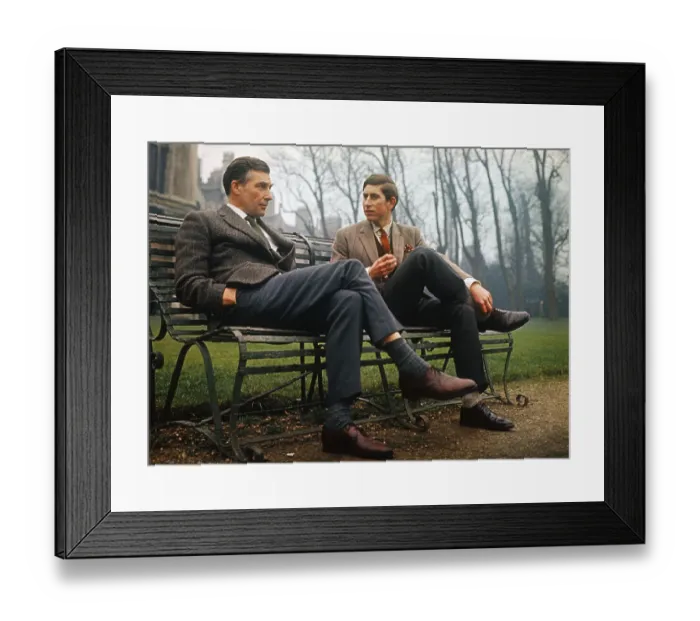 Framed Print : Prince Charles and Teacher Sitting on Bench Outside Framed Print : Prince Charles and Teacher Sitting on Bench Outside