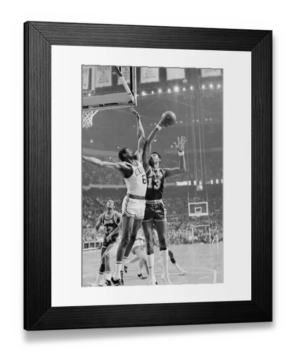 Framed Print : Wilt Chamberlain Trys For Basket as Bill Russell Defends Framed Print : Wilt Chamberlain Trys For Basket as Bill Russell Defends