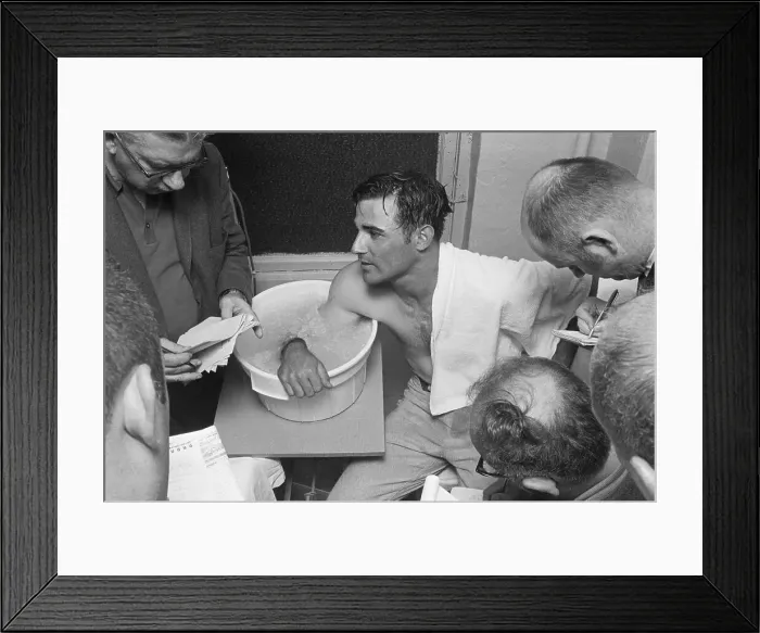 Framed Print : Expos Pitcher Soaking Arm in Ice Framed Print : Expos Pitcher Soaking Arm in Ice
