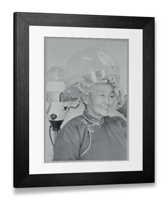 Framed Print : Mongolian Woman Smiling Underneath Hair Dryer Framed Print : Mongolian Woman Smiling Underneath Hair Dryer