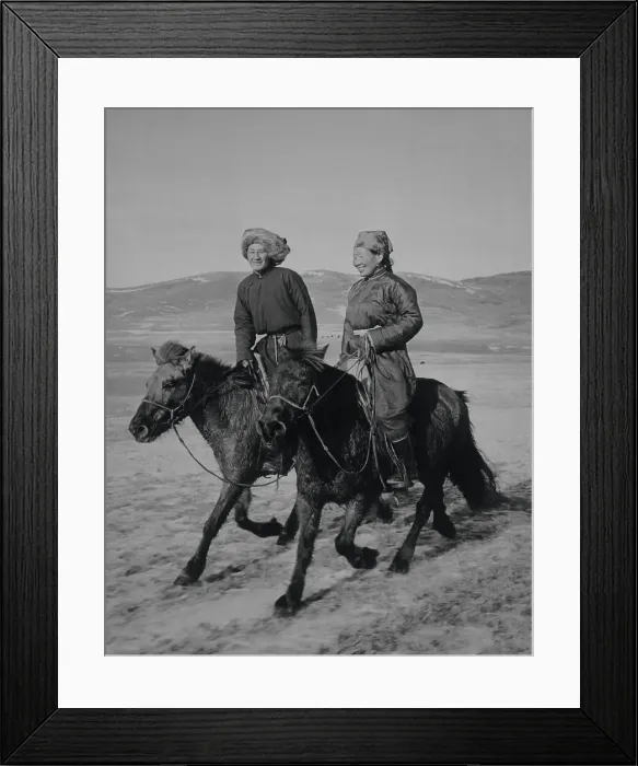 Framed Print : Mongolian Couple Traveling by Horses Framed Print : Mongolian Couple Traveling by Horses