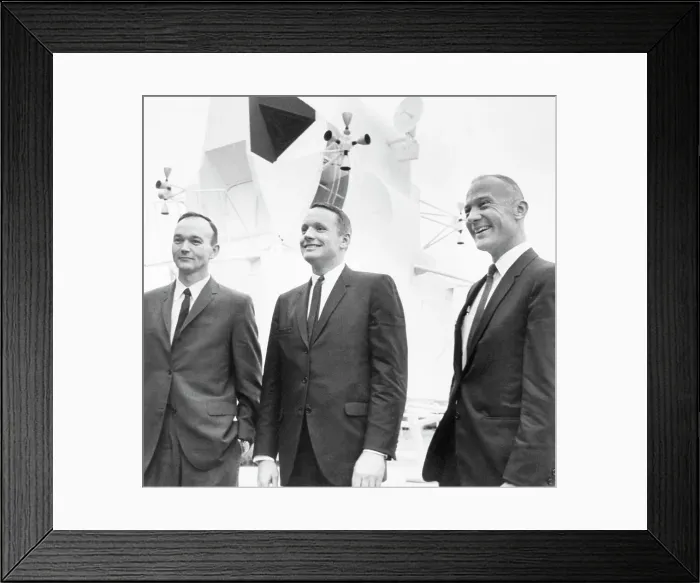 Framed Print : Collins, Armstrong, and Aldrin with Lunar Lander Mock-Up