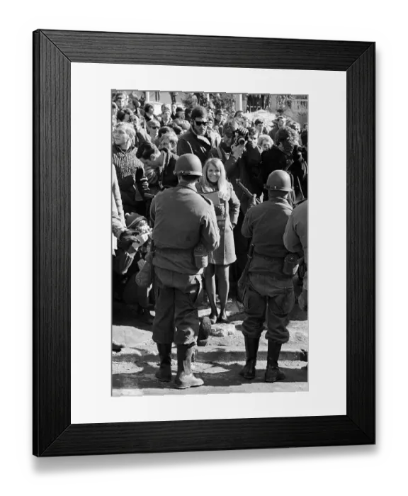 Framed Print : Girl Smiles At Natl Guardsman On Campus Framed Print : Girl Smiles At Natl Guardsman On Campus