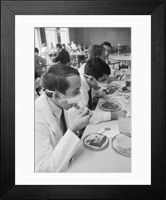 Framed Print : Students Eating with Surgical Masks Framed Print : Students Eating with Surgical Masks