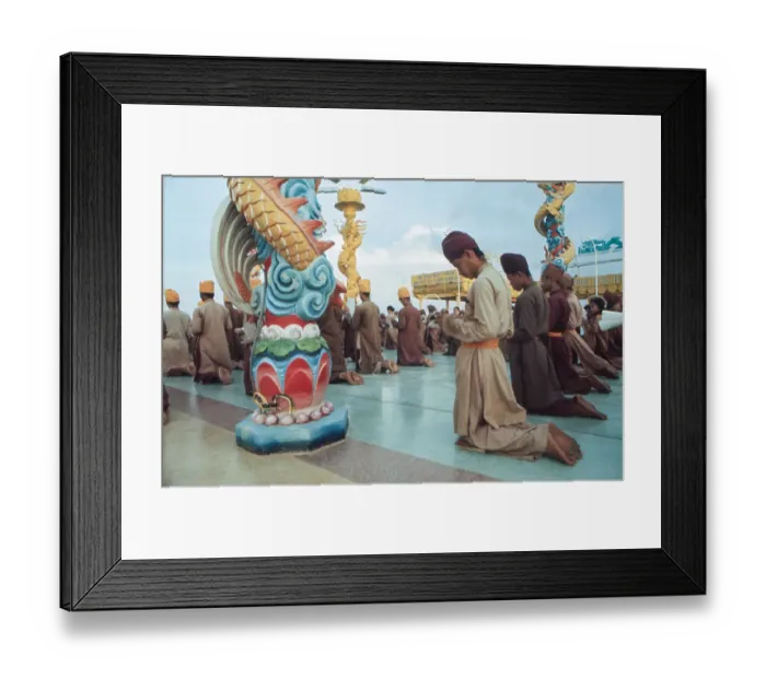 Framed Print : Monks Kneeling In Prayer In Temple Courtyard On Cu Lao Is Framed Print : Monks Kneeling In Prayer In Temple Courtyard On Cu Lao Is