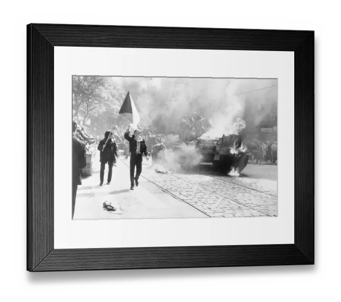 Framed Print : Youth Carry Flags Past Burning Tank Framed Print : Youth Carry Flags Past Burning Tank