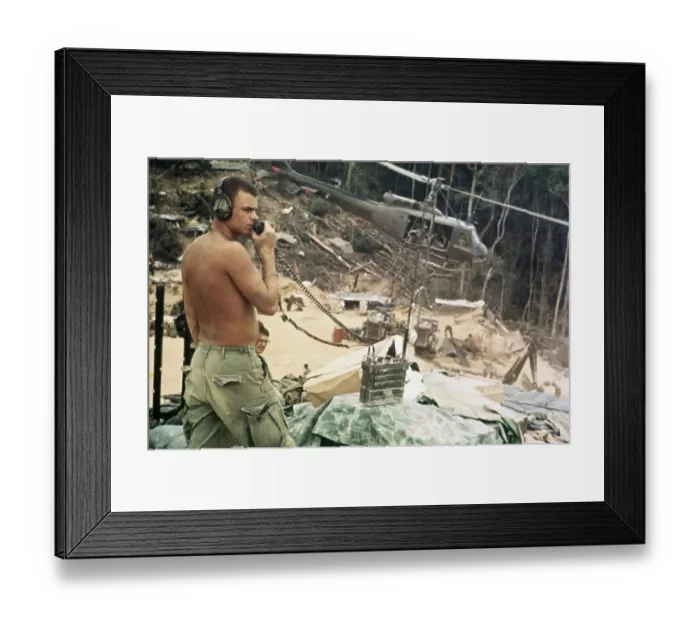 Framed Print : Soldier Talking Into Transmitter on War Scene Framed Print : Soldier Talking Into Transmitter on War Scene