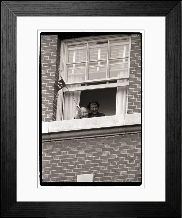 Framed Print : Dwight Eisenhower Waves Flag from Window Framed Print : Dwight Eisenhower Waves Flag from Window