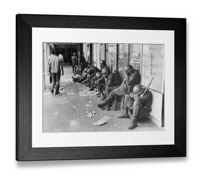 Framed Print : Army Guards Sleeping Against Building Framed Print : Army Guards Sleeping Against Building