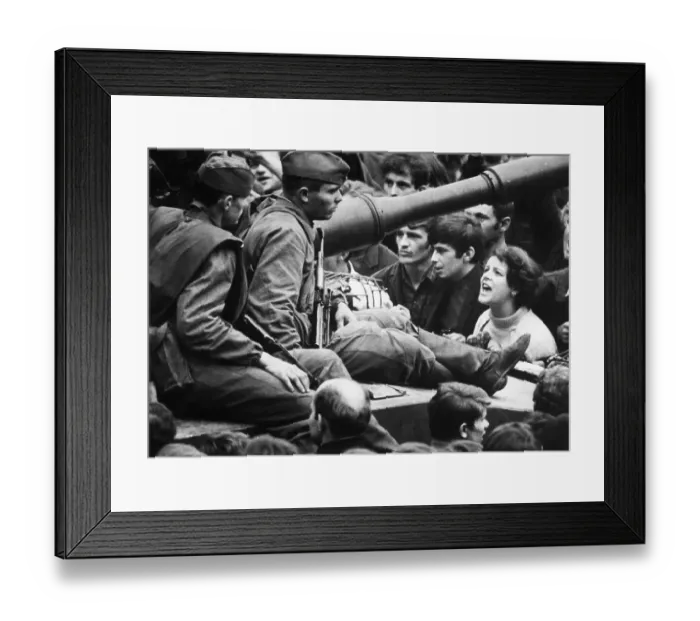 Framed Print : Girl Shouts To Soldiers Seated On Tanks