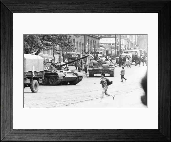 Framed Print : Czech Girl Runs From Tank In Street Framed Print : Czech Girl Runs From Tank In Street