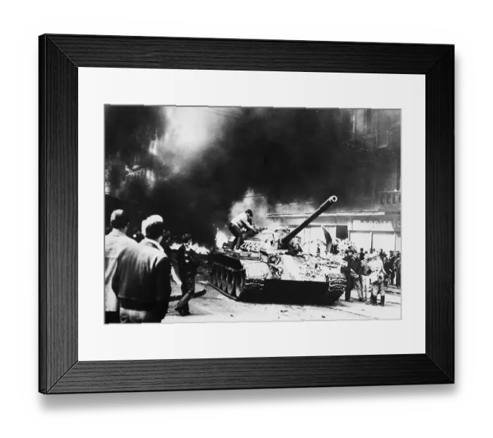 Framed Print : Youth Climbs on Tank as Smoke Fills Air Framed Print : Youth Climbs on Tank as Smoke Fills Air