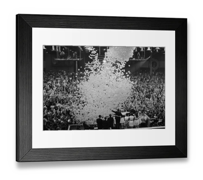 Framed Print : Balloons Fall From Convention Hall Floor Framed Print : Balloons Fall From Convention Hall Floor