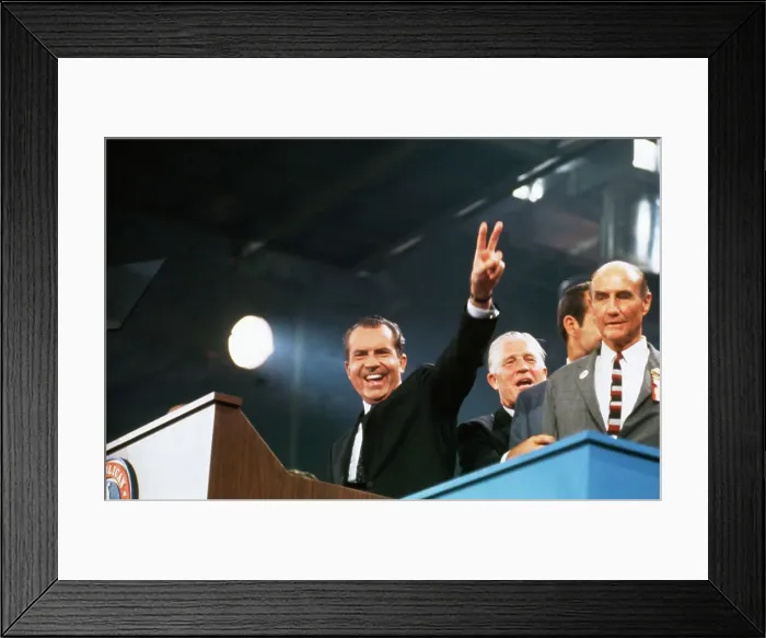 Framed Print : Richard Nixon Waving His Victory Sign Framed Print : Richard Nixon Waving His Victory Sign