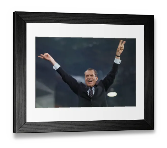 Framed Print : Richard Nixon Raising His Arms to Crowd Framed Print : Richard Nixon Raising His Arms to Crowd