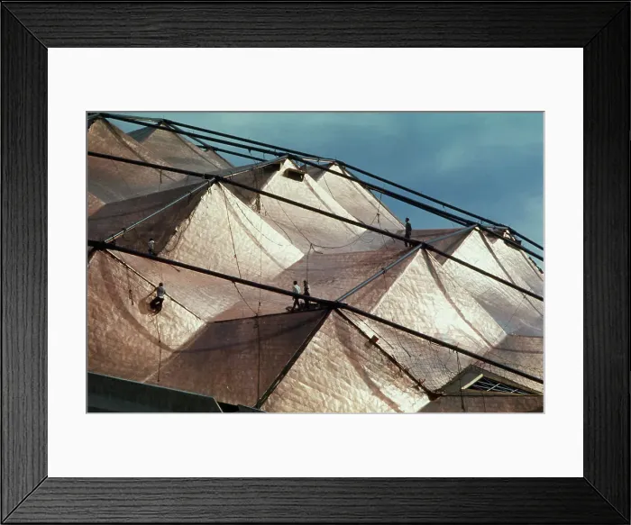 Framed Print : Men Working on Roof of Sports Building Framed Print : Men Working on Roof of Sports Building