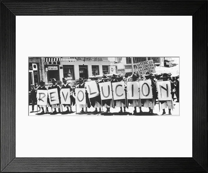 Framed Print : Ecuadorean Farmers Hold Placards spelling the Word Revolucion
