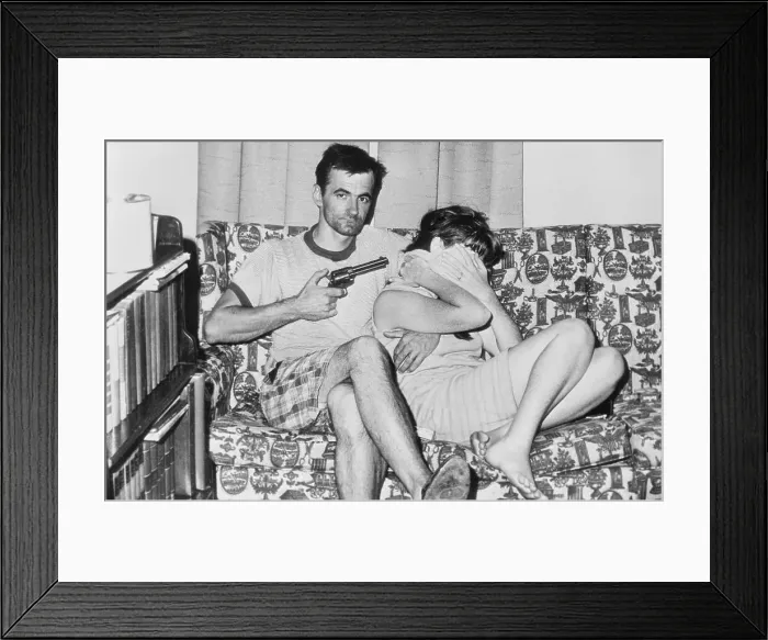 Framed Print : Man Holding Wife Hostage at Gun Point Framed Print : Man Holding Wife Hostage at Gun Point