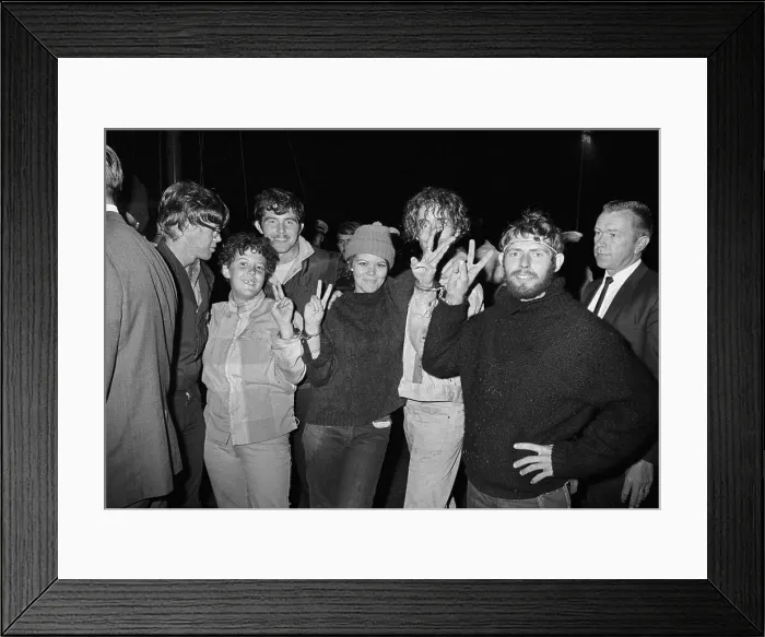 Framed Print : Hippies in Handcuffs Give Peace Signs Framed Print : Hippies in Handcuffs Give Peace Signs