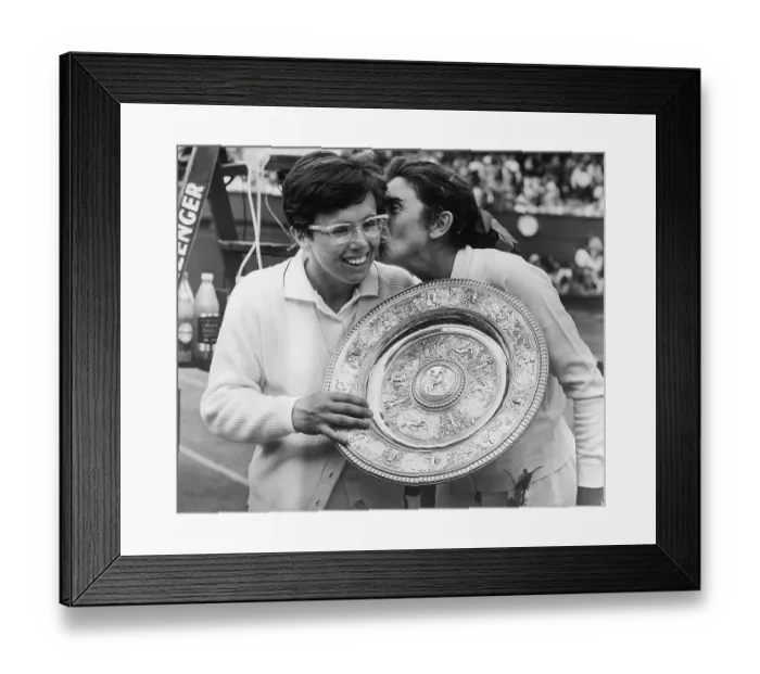 Framed Print : Billie Jean King Receives a Kiss at Wimbledon Framed Print : Billie Jean King Receives a Kiss at Wimbledon