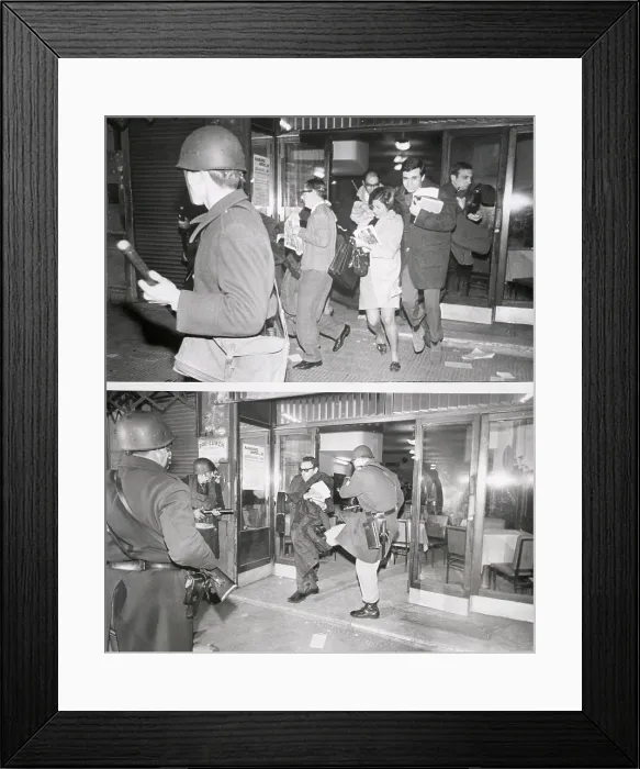 Framed Print : Police Kick Student Leaving Coffee Shop Framed Print : Police Kick Student Leaving Coffee Shop