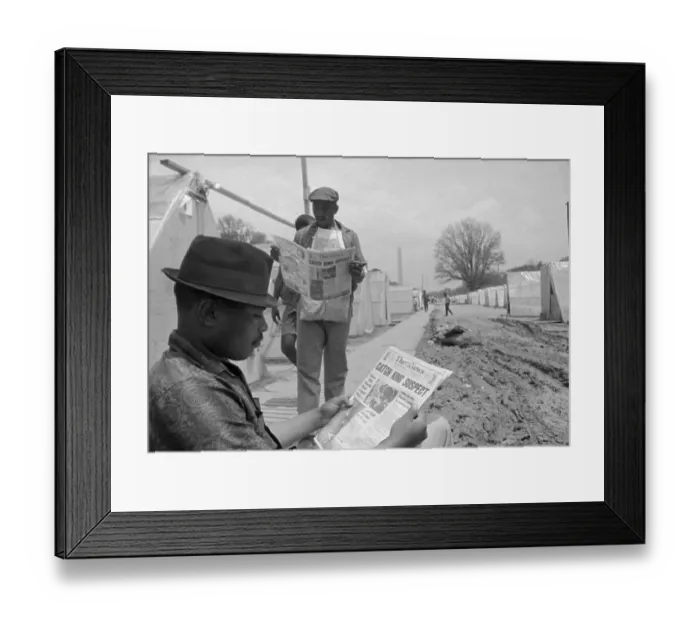 Framed Print : Men Reading Paper with Headline of James Earl Ray Capture Framed Print : Men Reading Paper with Headline of James Earl Ray Capture