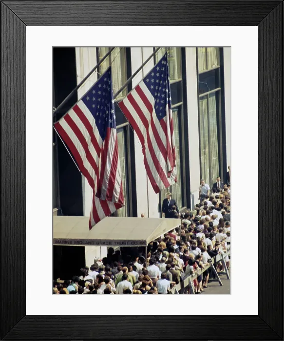 Framed Print : Crowds Queueing Below American Flags Framed Print : Crowds Queueing Below American Flags