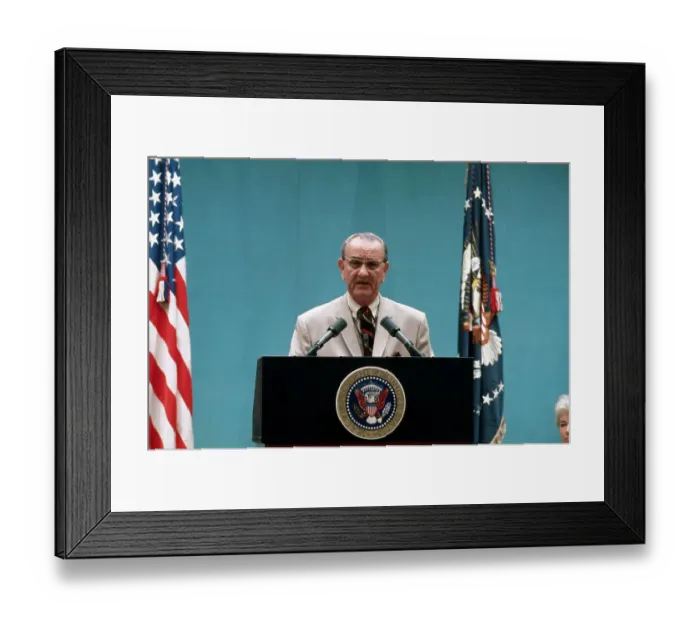 Framed Print : President Lyndon Johnson Speaking at Podium Near Flags Framed Print : President Lyndon Johnson Speaking at Podium Near Flags