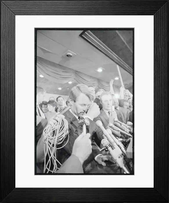 Framed Print : Robert F. Kennedy Seemingly Bombarded by Microphones Framed Print : Robert F. Kennedy Seemingly Bombarded by Microphones