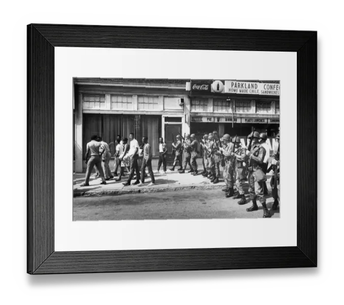 Framed Print : Armed Soldiers Behind Rioters Framed Print : Armed Soldiers Behind Rioters