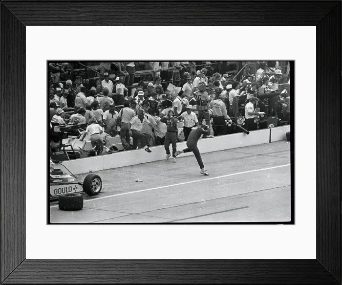 Framed Print : Rick Mears Escaping from Burning Car Framed Print : Rick Mears Escaping from Burning Car