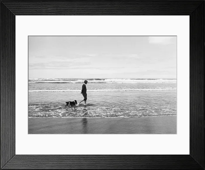 Framed Print : Robert Kennedy Walking on Beach with Dog Framed Print : Robert Kennedy Walking on Beach with Dog
