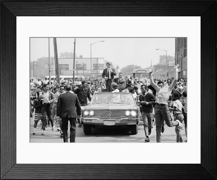 Framed Print : Robert F. Kennedy Standing and Laughing at Spectator With Uplifted Arms